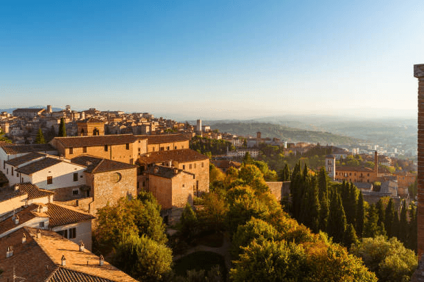 Hilltop view of Perugia showing calm city life in Umbria