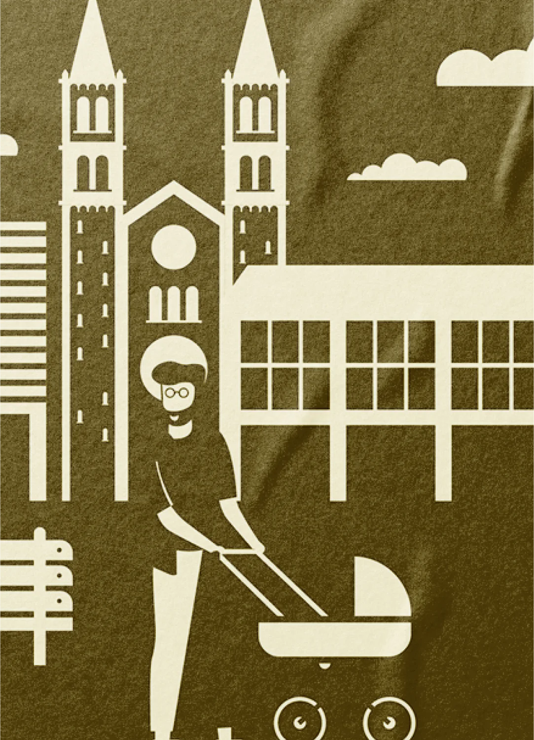 Illustration einer Person mit Kinderwagen vor einem historischen Gebäude und modernen Bauwerken, Symbol für die Verbindung von Tradition und Moderne.