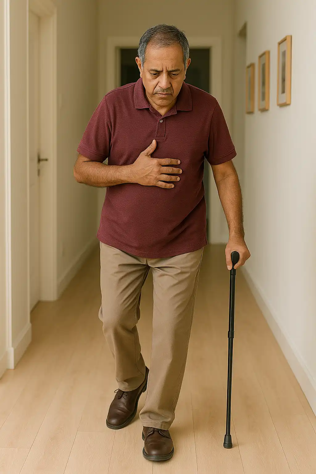 An older man walking unsteadily in a hallway, using a cane and holding his chest, illustrating gait imbalance and posture difficulties.
