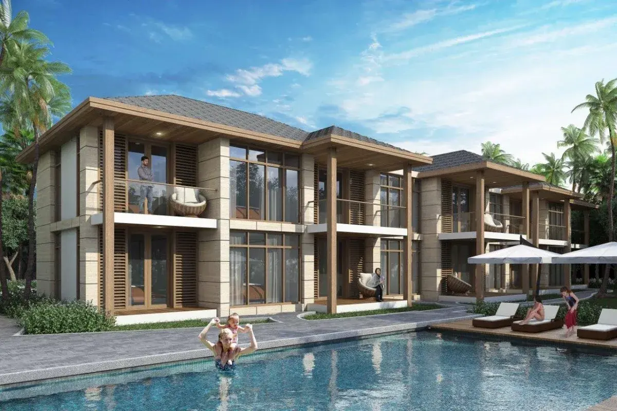 3D rendering of resort villa building with shared pool and wood facade at Calivigny Point Grenada