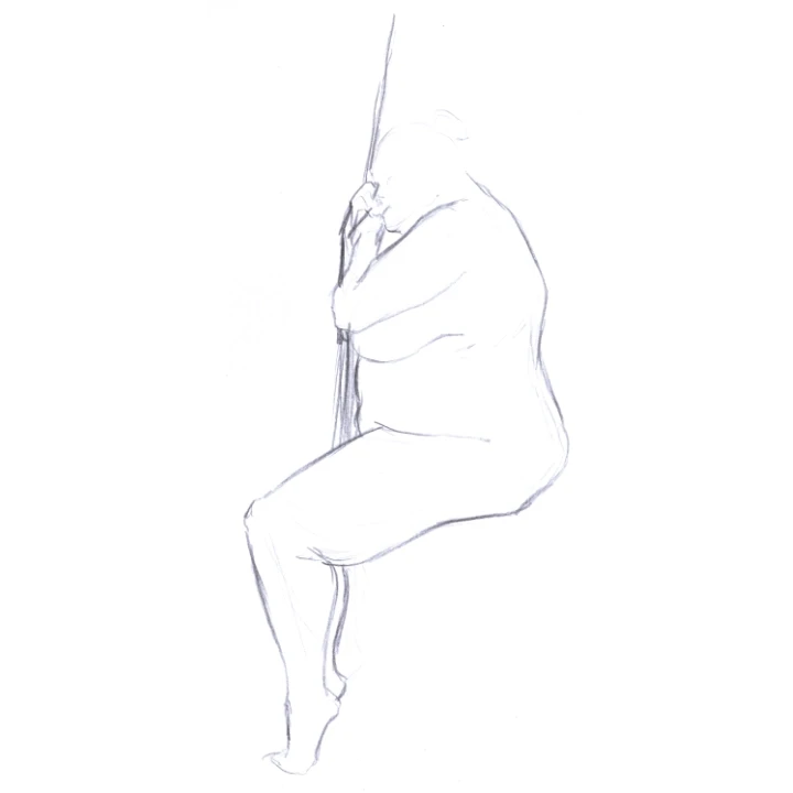 Life drawing of a corpulent woman holding on to a stick