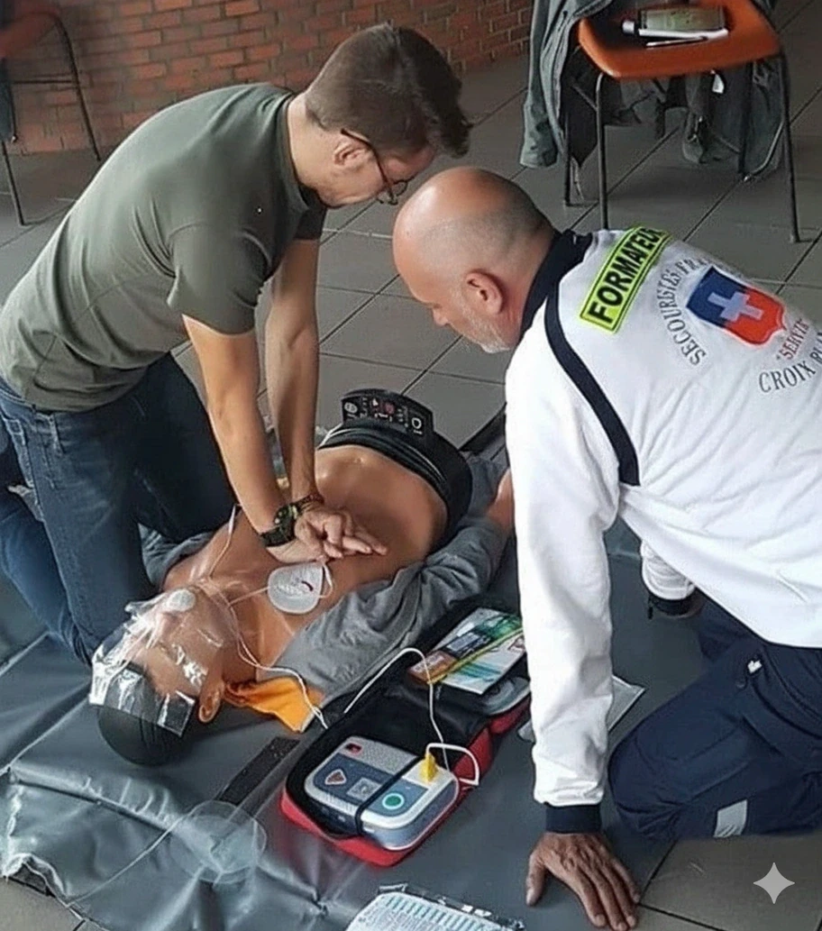 Formation de secourisme avec mannequins et défibrillateur, apprentissage pratique du massage cardiaque.