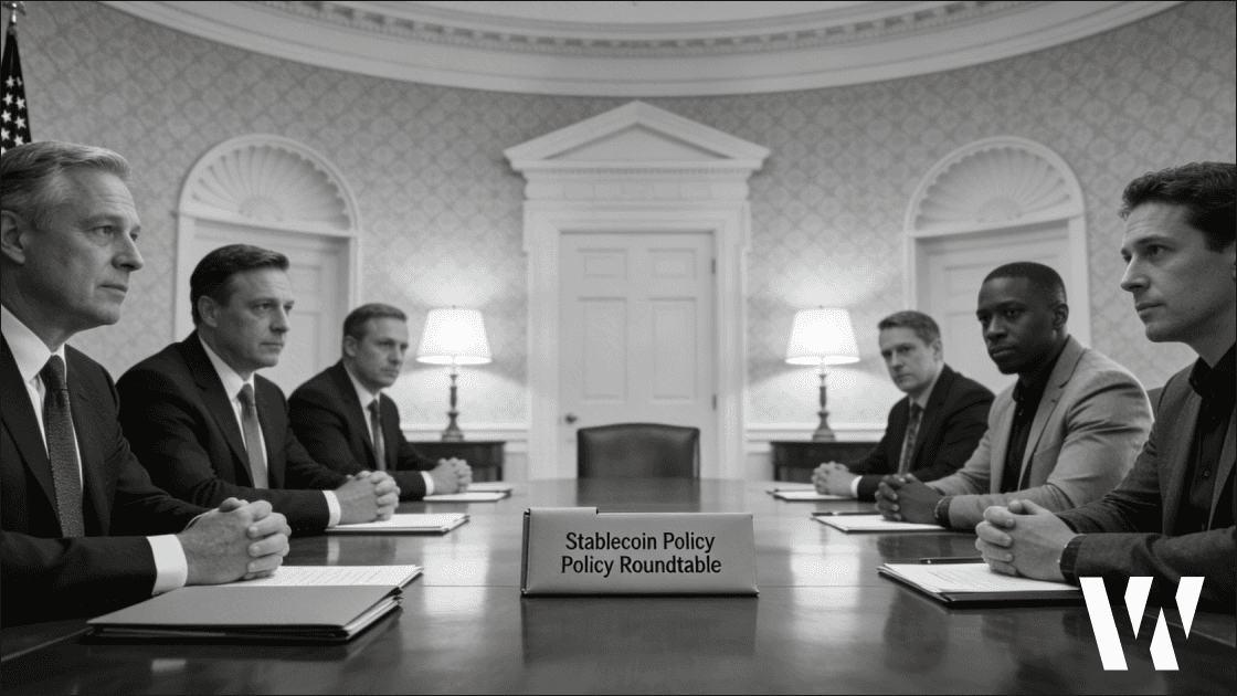 White House stablecoin policy roundtable in black-and-white, with bank executives and crypto leaders debating yield rules in Washington, D.C.