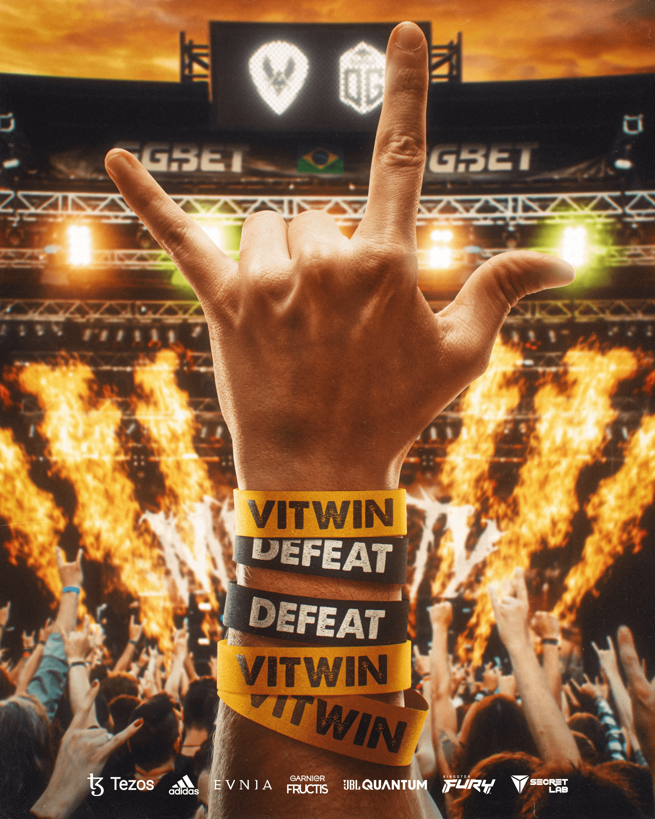 Visuel du projet Metality : Arrière-plan en flammes avec des bras de foule faisant le signe des cornes, au premier plan, une main d'homme blanc faisant le signe des cornes, portant des bracelets : 3 jaunes avec l'inscription noire "Vitwin", et 2 noirs avec l'inscription blanche "Defeat".