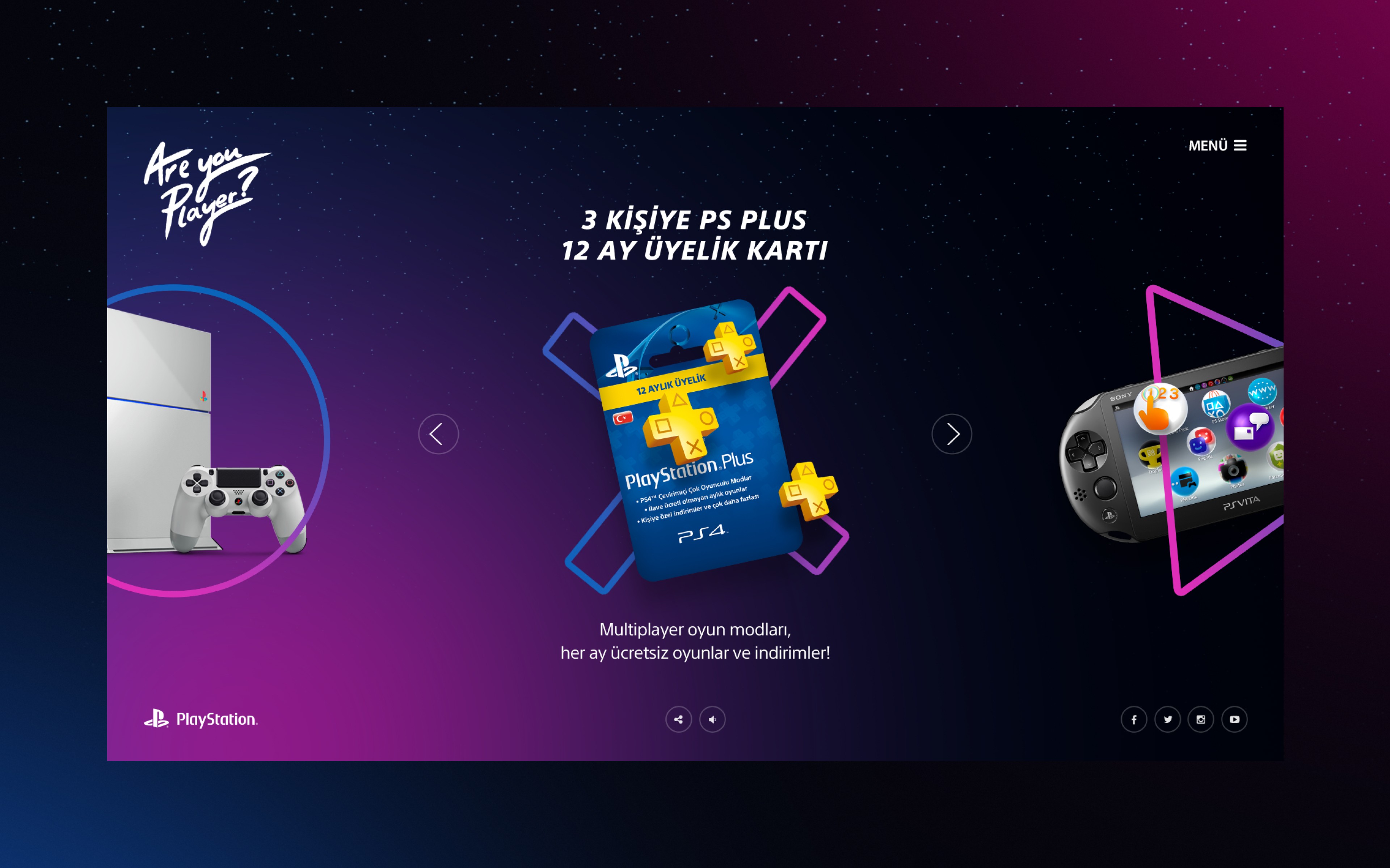 PlayStation – Are You Player? reward showcase with 12-month PS Plus giveaway, PS4 console, controller, and PS Vita; UI by Burak Canpolat.