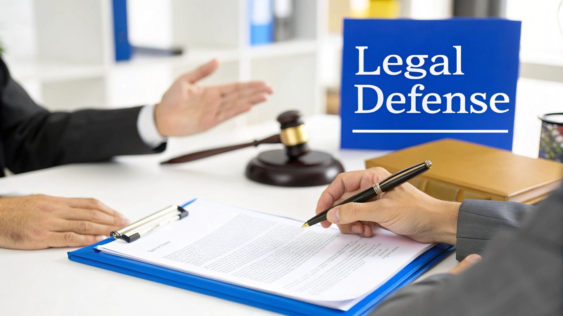 Two people in a legal setting, one signing a document while a lawyer gestures, with a 'Legal Defense' sign.
