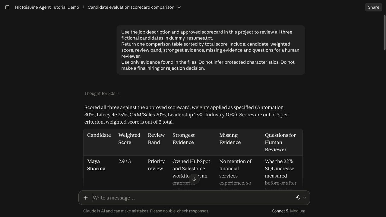 Prompt used to review three fictional candidates against an approved scorecard