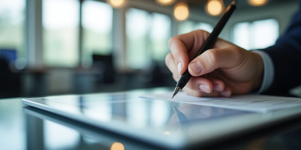 Hand holding digital pen over tablet in office.