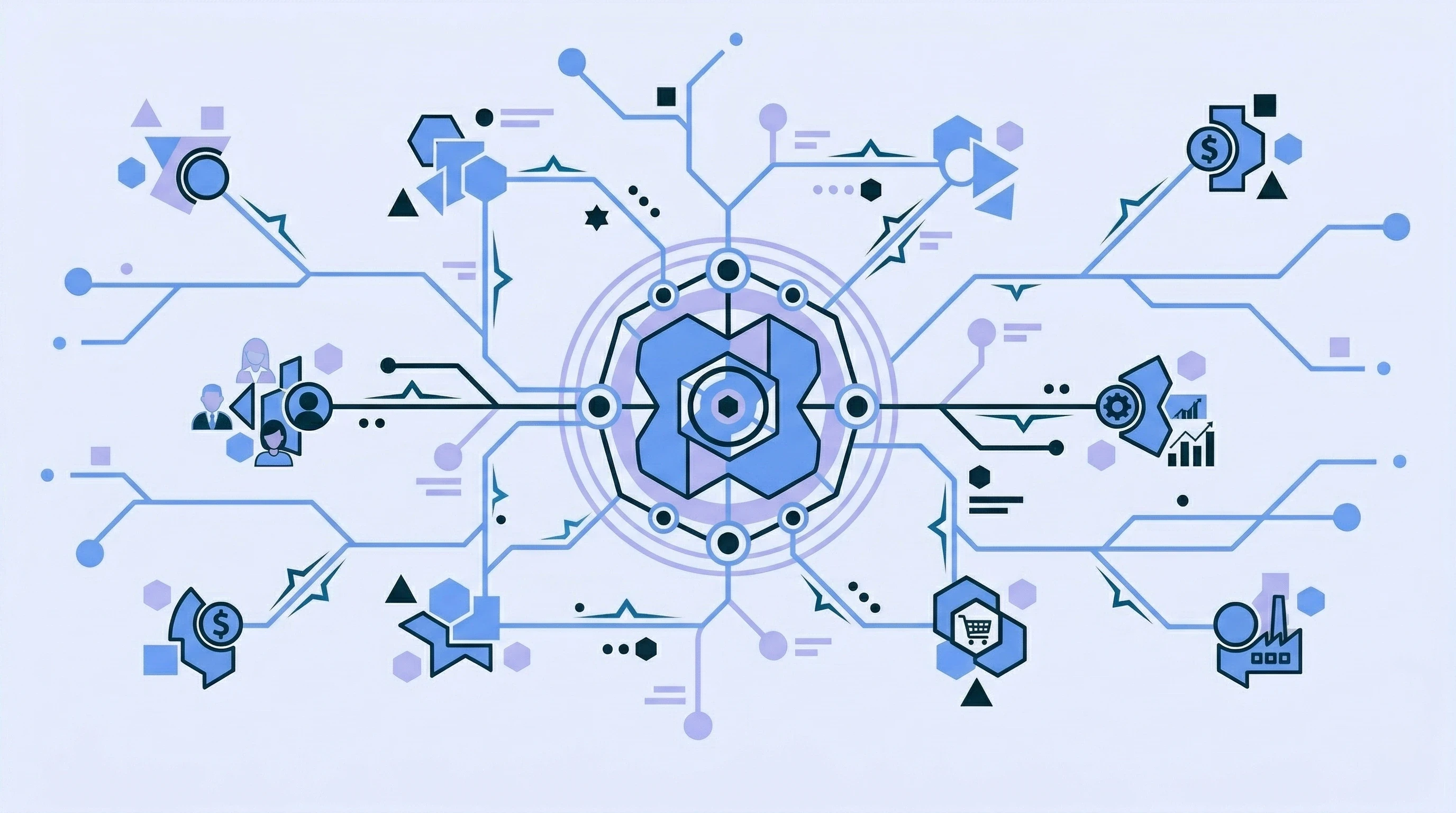 NOAVIA Prozessautomatisierung Mittelstand: Vernetztes Systemdiagramm zeigt KI-gestütztes Wissensmanagement als Grundlage für automatisierte Workflows und digitale Assistenten