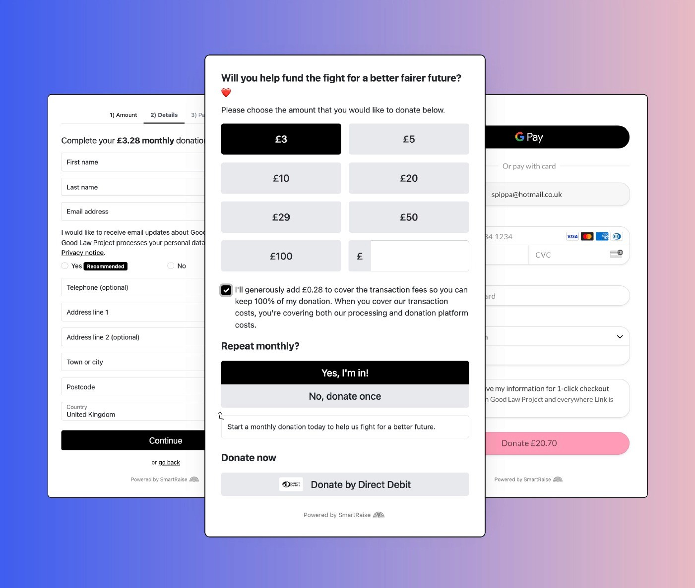 A SmartRaise example donation flow with Mollie powered payments. 