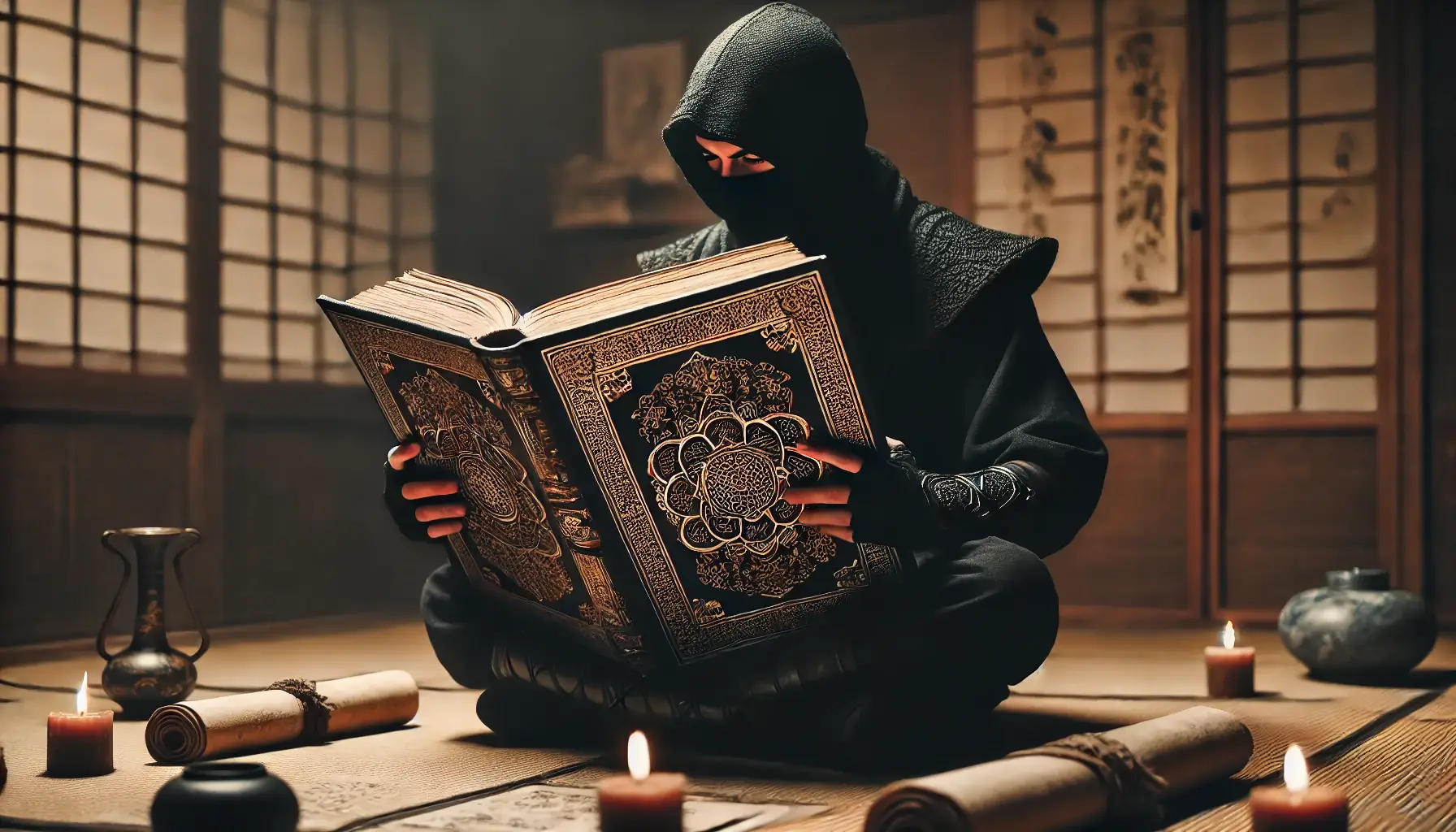 ninja leyendo un gran libro de leyes