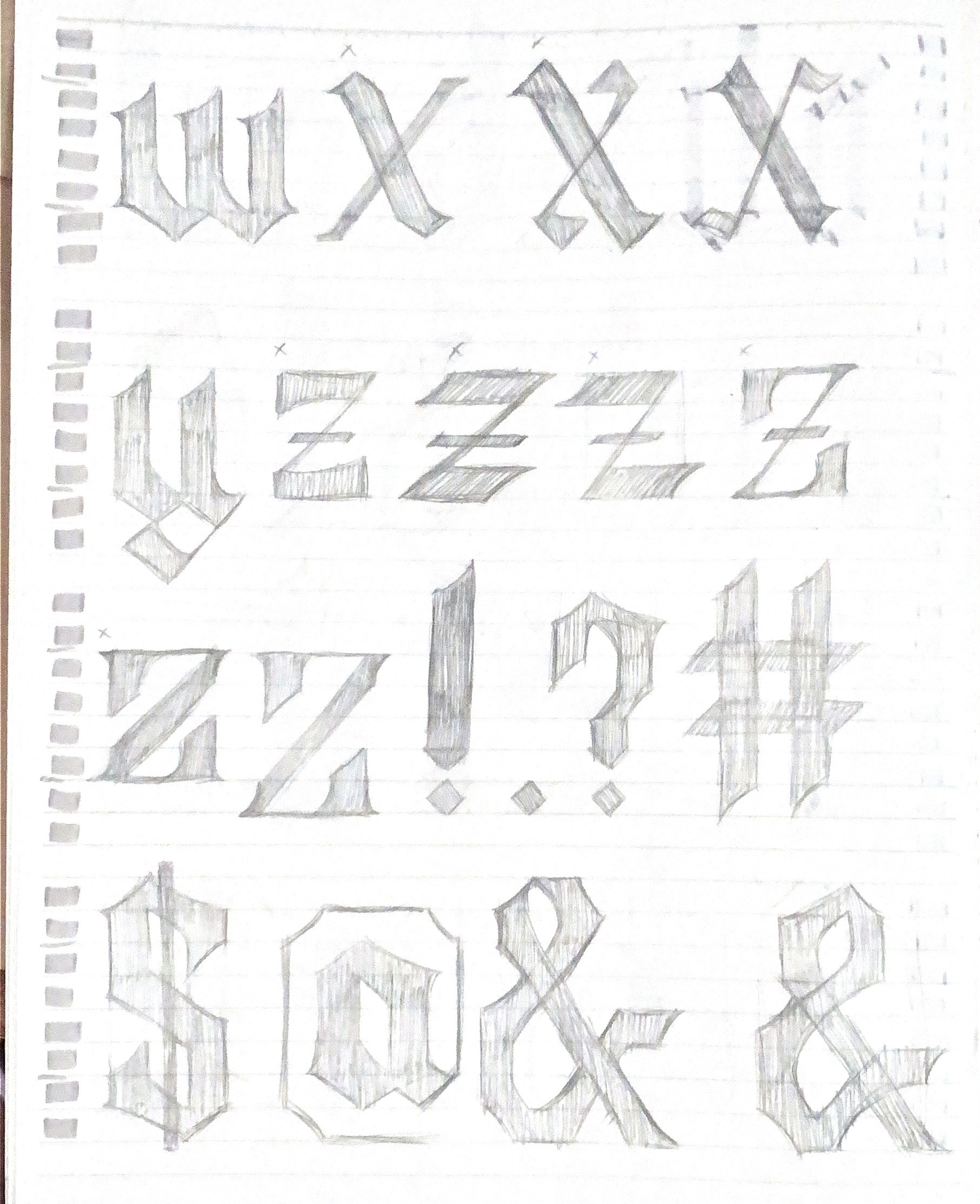 Rough sketches of lowercase blackletter letters and symbols