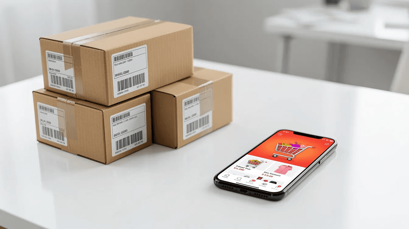 The image features delivery boxes alongside a smartphone displaying a shopping cart, all arranged on a sleek, modern desk. This setup reflects the intersection of digital marketing and e-commerce, emphasising the role of innovative solutions in business growth and consumer engagement.