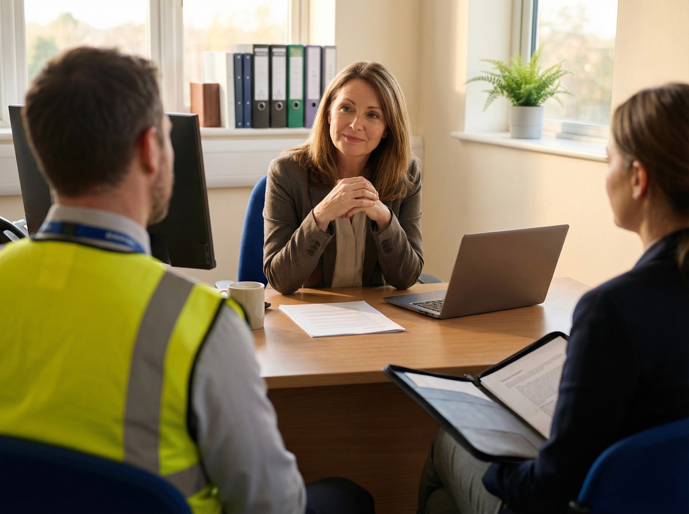 A WHS director in her early 50s sitting calmly in her own office, across the desk from two people whose backs are partially visible in the foreground — a man in a high-vis safety vest with a lanyard and a woman with a structured folder open on her lap. The framing suggests an inspection or audit visit, but the WHS director's expression is composed and unhurried — the look of someone who was ready before the visitors arrived. On her desk, a single printed report is positioned within reach but untouched.