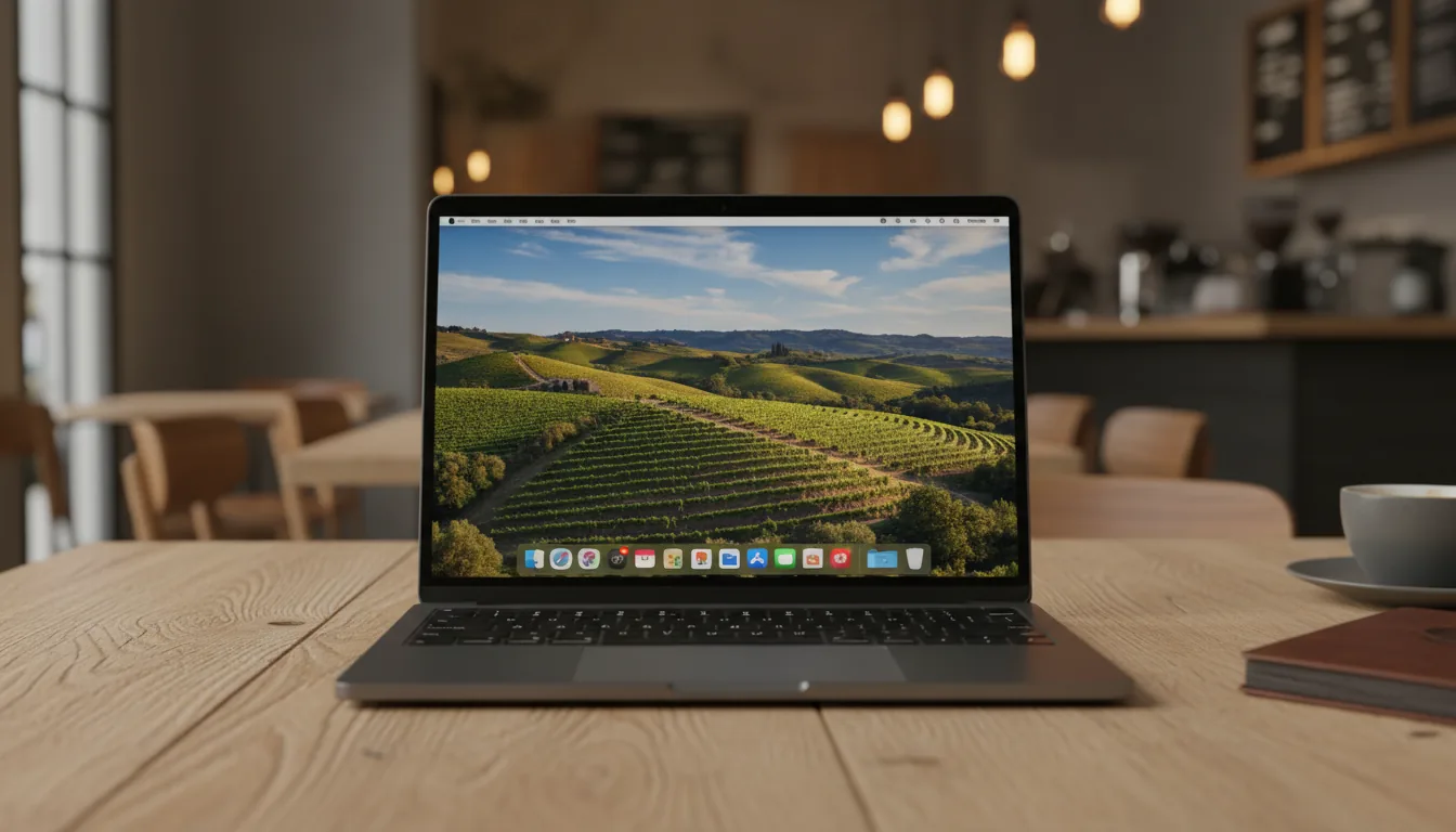 DSLR photography, sharp focus on a modern space black laptop sitting open on a textured light oak table. The laptop screen is on, displaying a vibrant wallpaper of rolling green hills and terraced vineyards under a blue sky, with a macOS-style UI dock and menu bar with a prominent camera notch visible. Soft indoor lighting illuminates the scene, creating a warm ambiance. The background is the softly blurred, bokeh interior of a modern coffee shop.