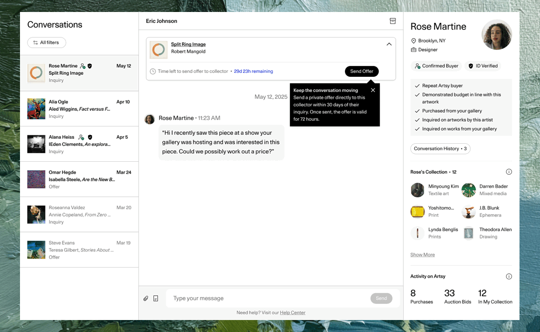 Animated demo of Artsy's Offers in Conversations feature, showing a gallery sending a private offer directly to a collector from within a conversation