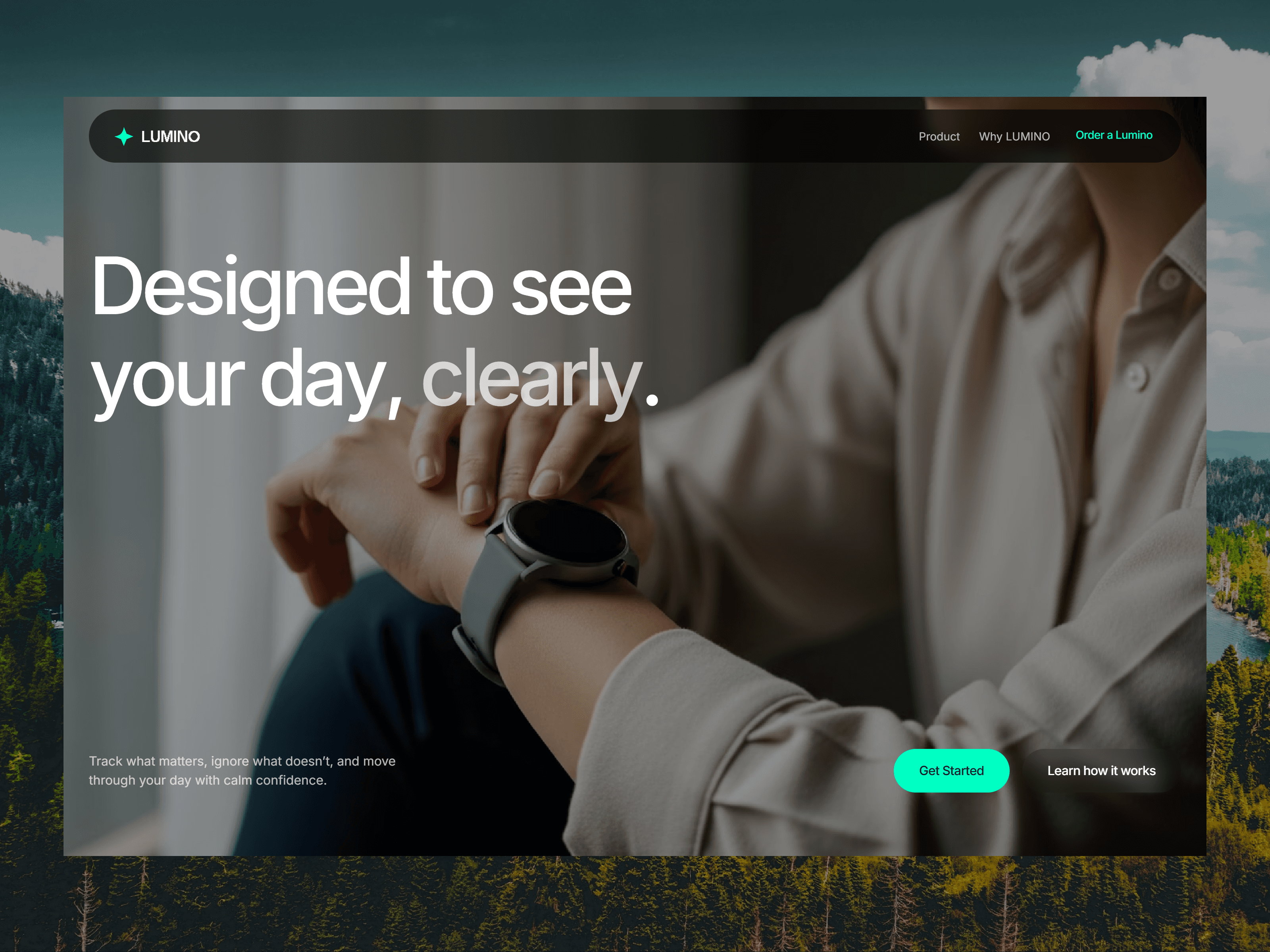 Lumino landing page — minimalist smartwatch brand site with an outdoor lifestyle photo and calm, clarity-focused design