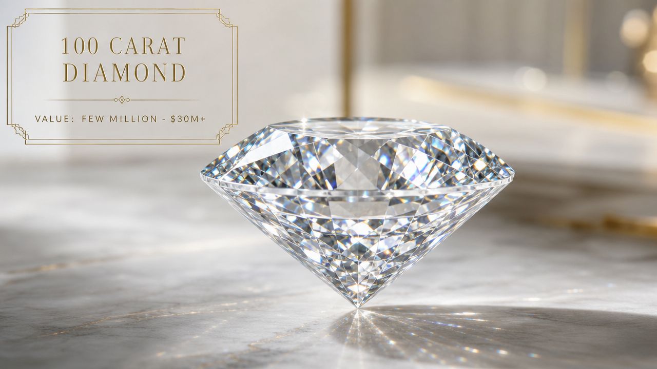 A massive 100 carat diamond sparkling on a marble surface with luxury aesthetic and valuation text.