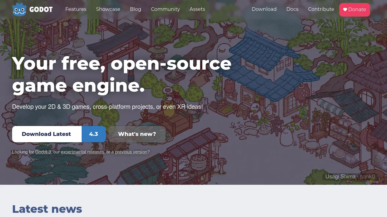 Screenshot of the Godot website displaying free and open-source game engine information