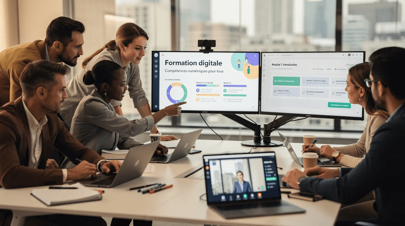 L'image montre une équipe de professionnels collaborant autour de plusieurs écrans qui affichent des contenus de formation digitale. Ils discutent des solutions de formations sur mesure pour répondre aux besoins de leur entreprise et améliorer les compétences de leurs collaborateurs.