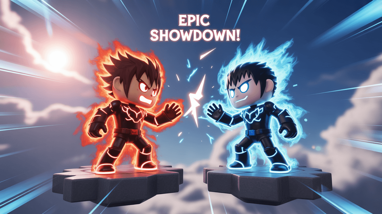 Two Roblox avatars with red and blue auras facing off under Epic Showdown text