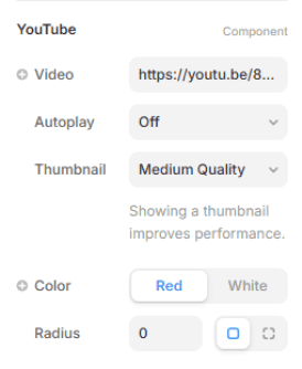 Paramètres du composant YouTube dans Framer avec options d’autoplay et miniature