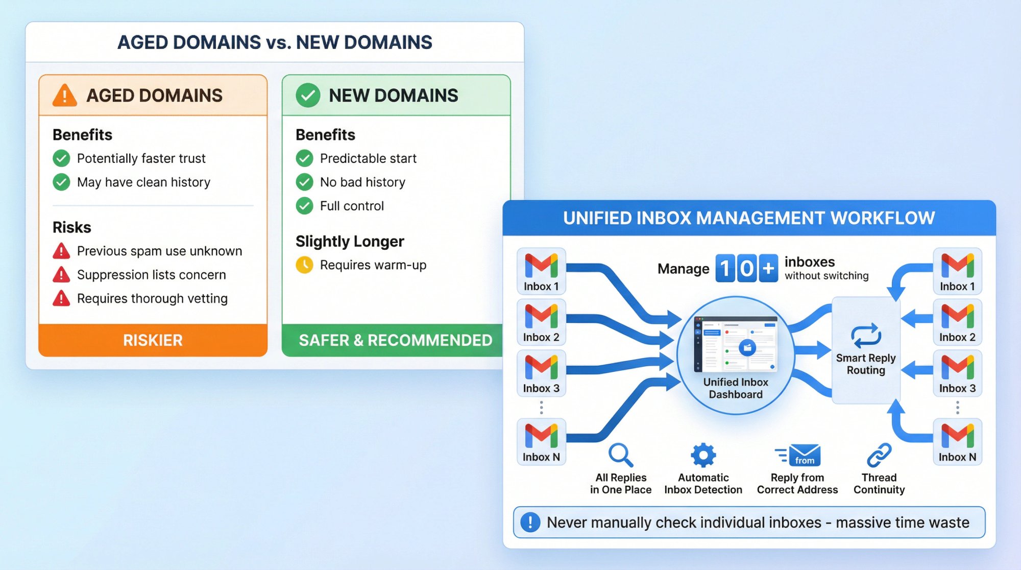 Risk/benefit comparison of aged vs new domains and unified inbox management workflow for handling replies
