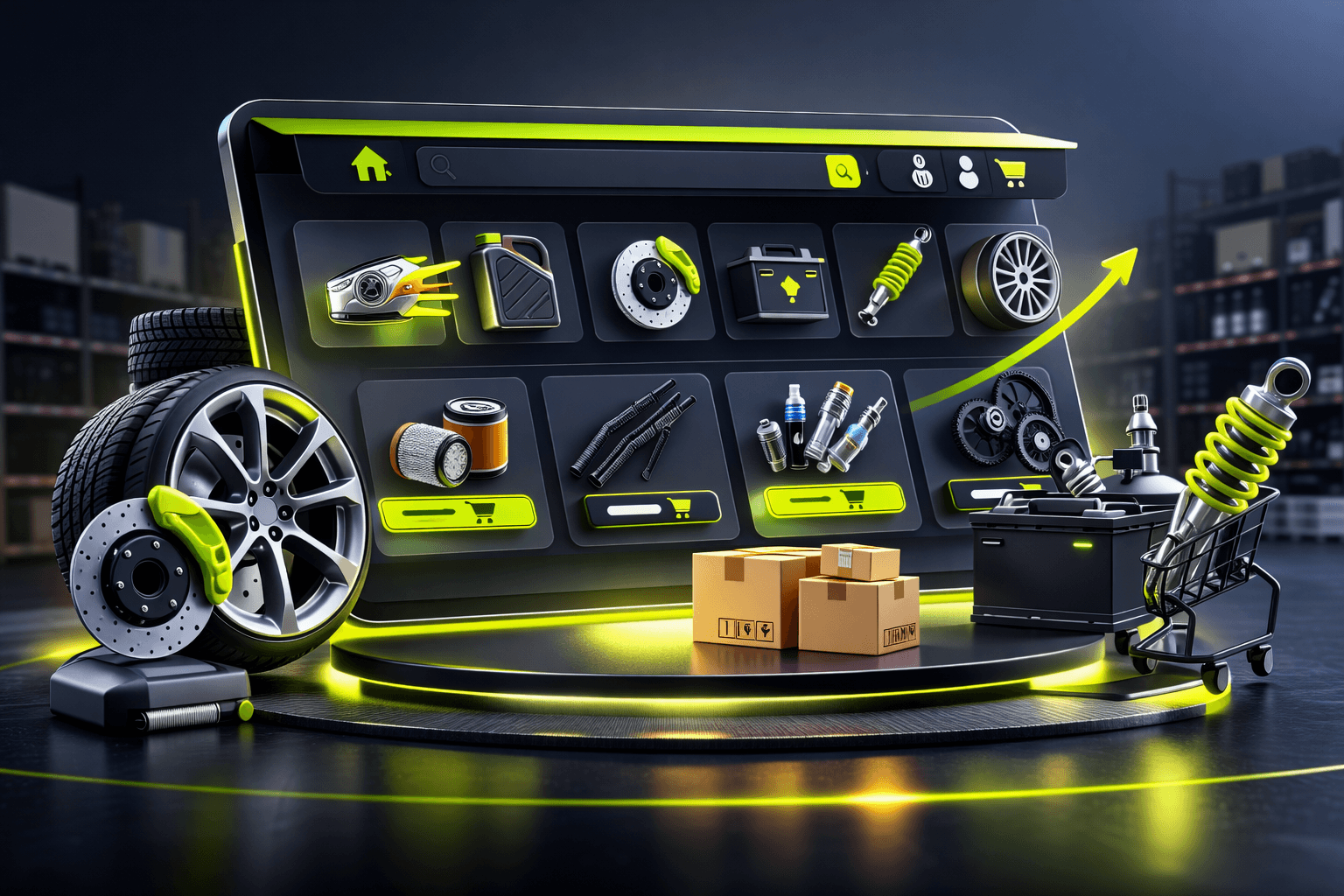 Ilustração 3D realista de um portal de pedidos B2B para autopeças exibido em uma tela digital, com ícones de peças automotivas como freio, amortecedor, bateria, farol, filtros e pneus, representando um e-commerce B2B de distribuidora de autopeças com carrinho e navegação por categorias.