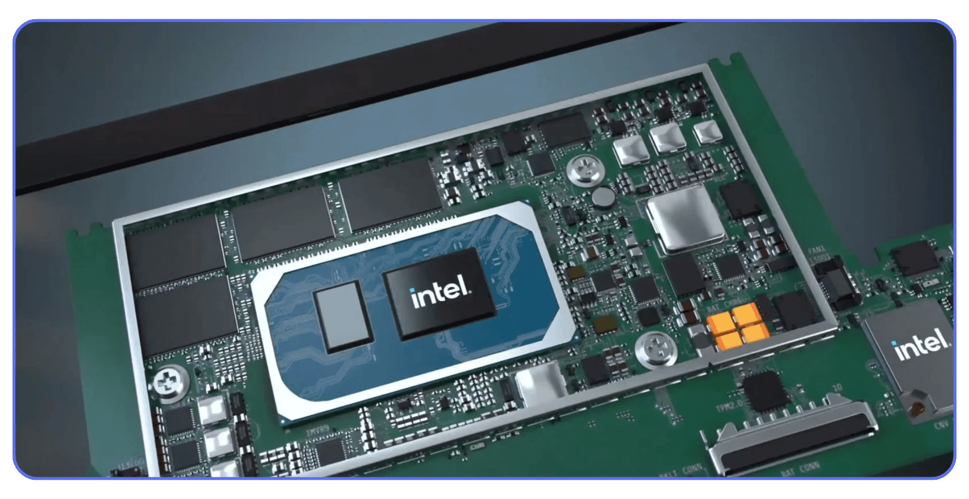 Close-up view of a laptop motherboard showing an Intel integrated graphics chip and surrounding circuitry.