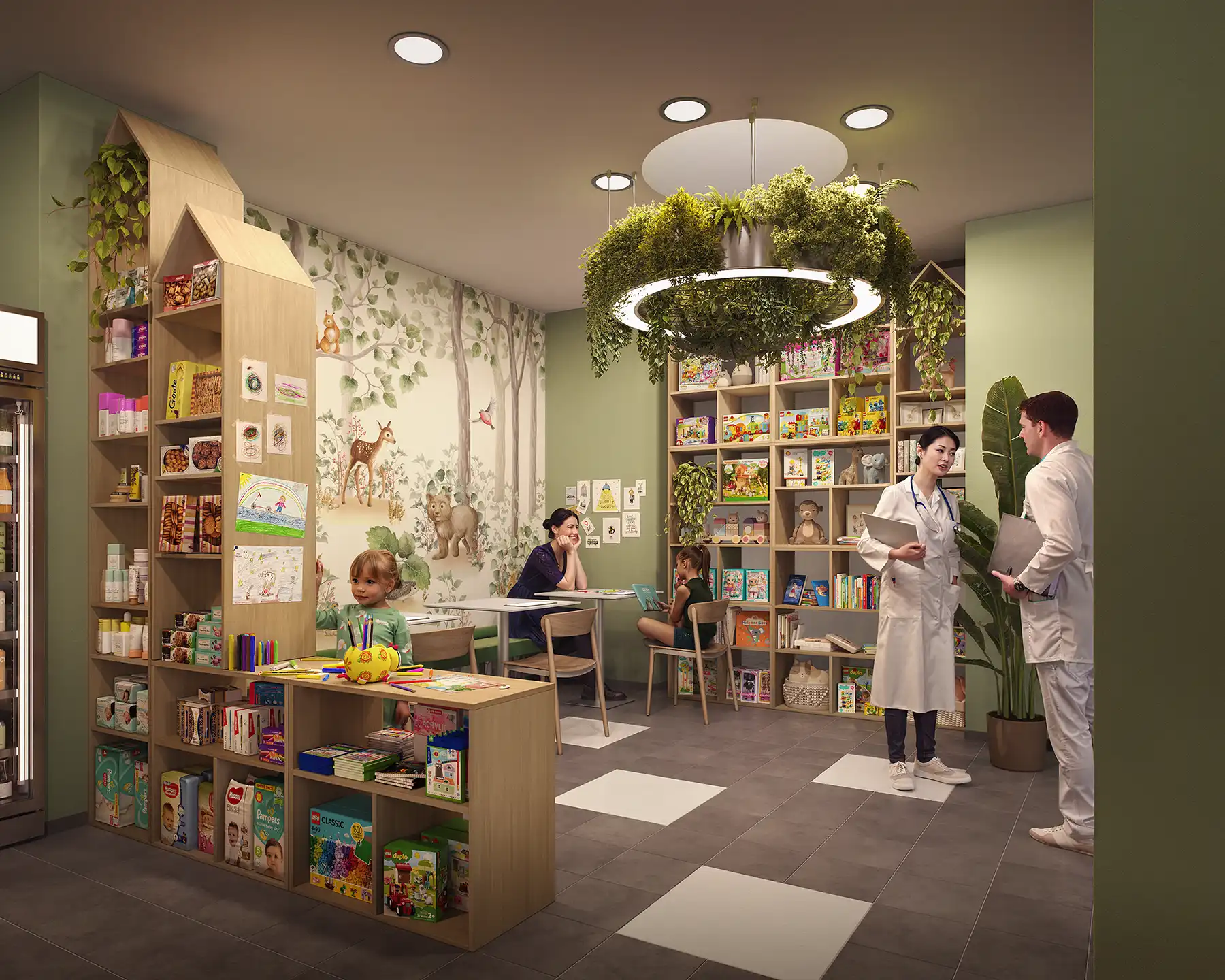 Child-friendly pharmacy with house-shaped wooden shelves, forest mural, play area, and pharmacists. Warm and engaging pediatric pharmacy interior design.