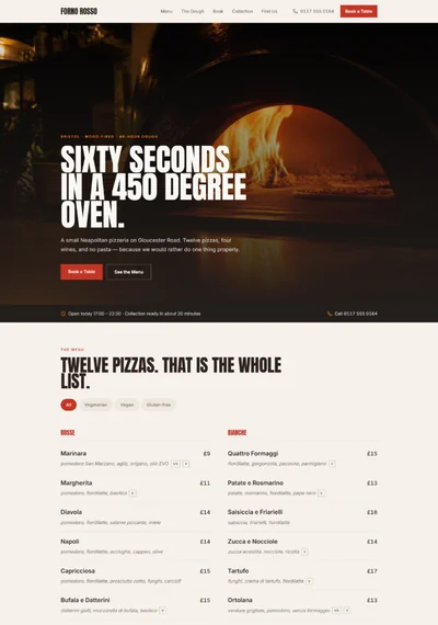 Neapolitan pizzeria website template preview with filterable menu