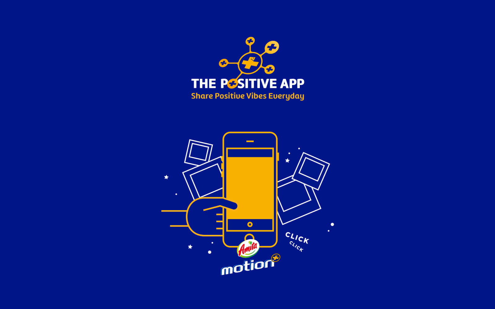 The Positive App promotional visual featuring the mobile app and Amita Motion brand