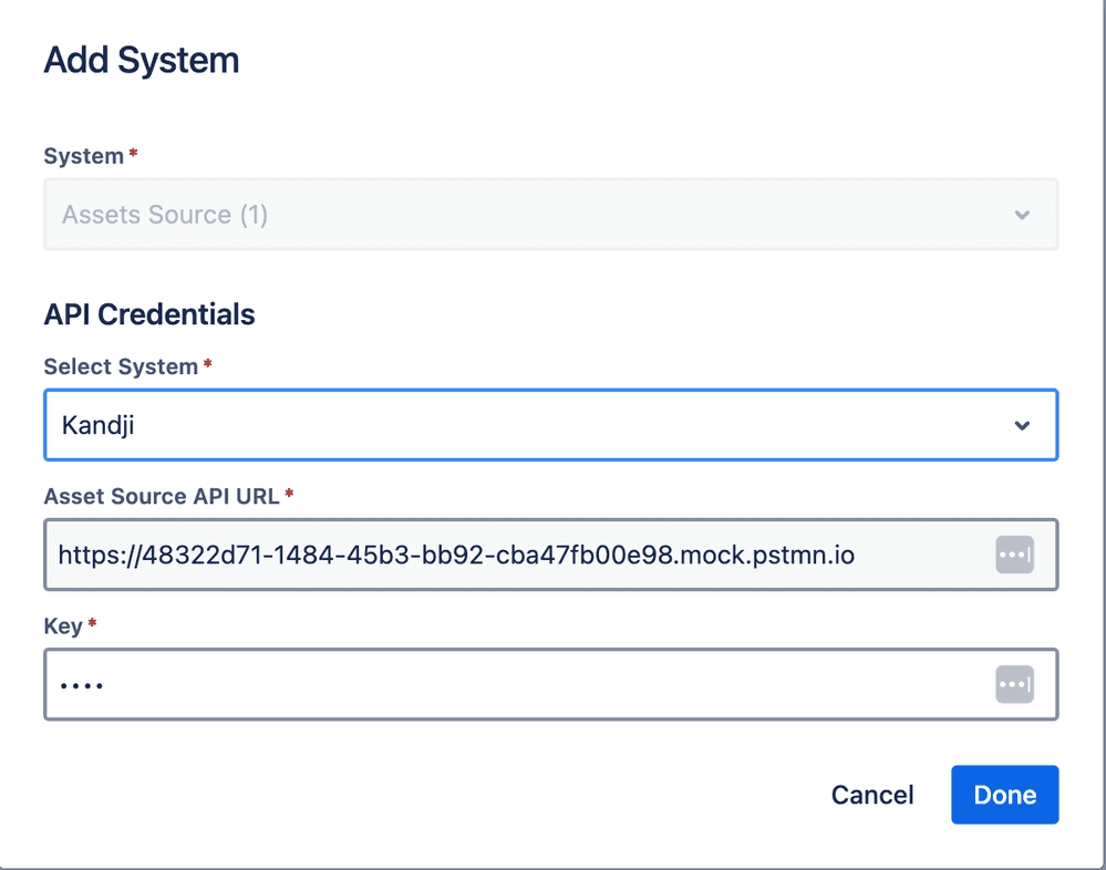 The Kandji 'Add System' configuration interface for setting up API credentials
