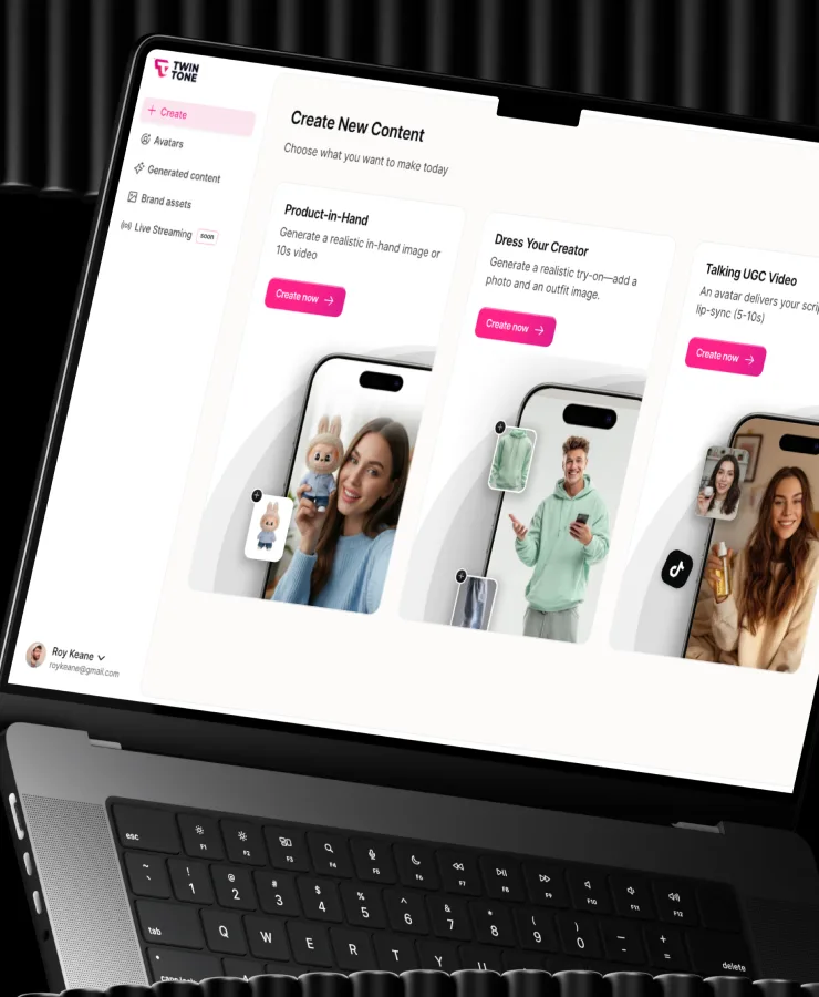 Mobile crop of the TwinTone dashboard with AI content creation tools.