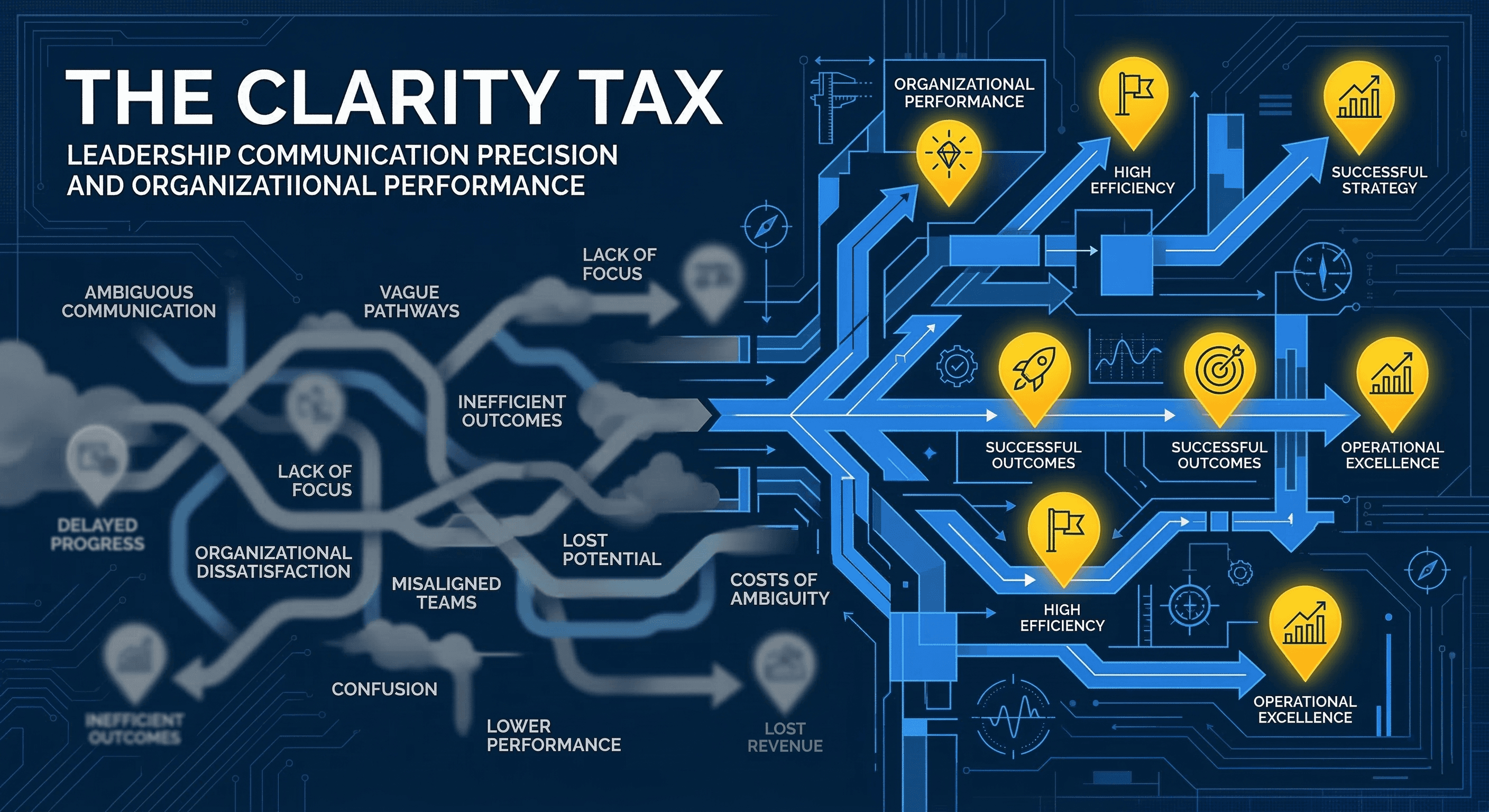 The Clarity Tax - leadership communication precision visualization with strategic blue and Michigan maize branding