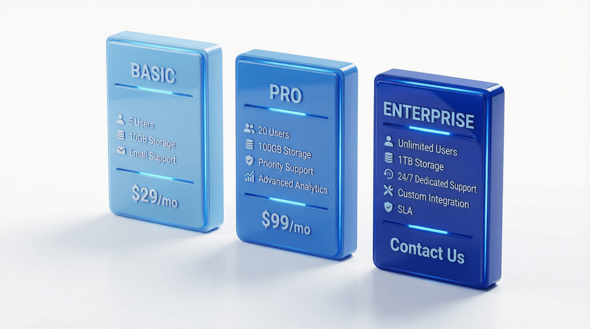 3D-prijstabel voor AI-klantenservice met Basic-, Pro- en Enterprise-pakketten en hun functies.