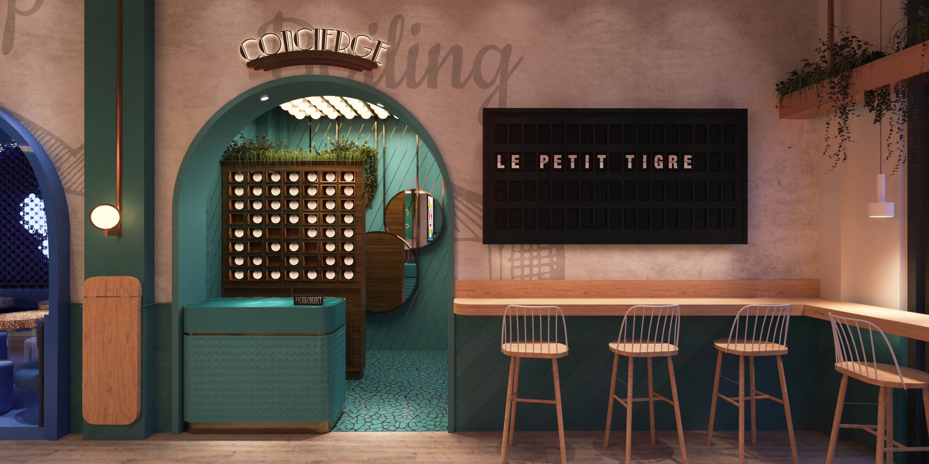 Concierge and welcome area of Tiger Bock design concept bar in Strasbourg with creative materials and direction inspired by beer brewing 