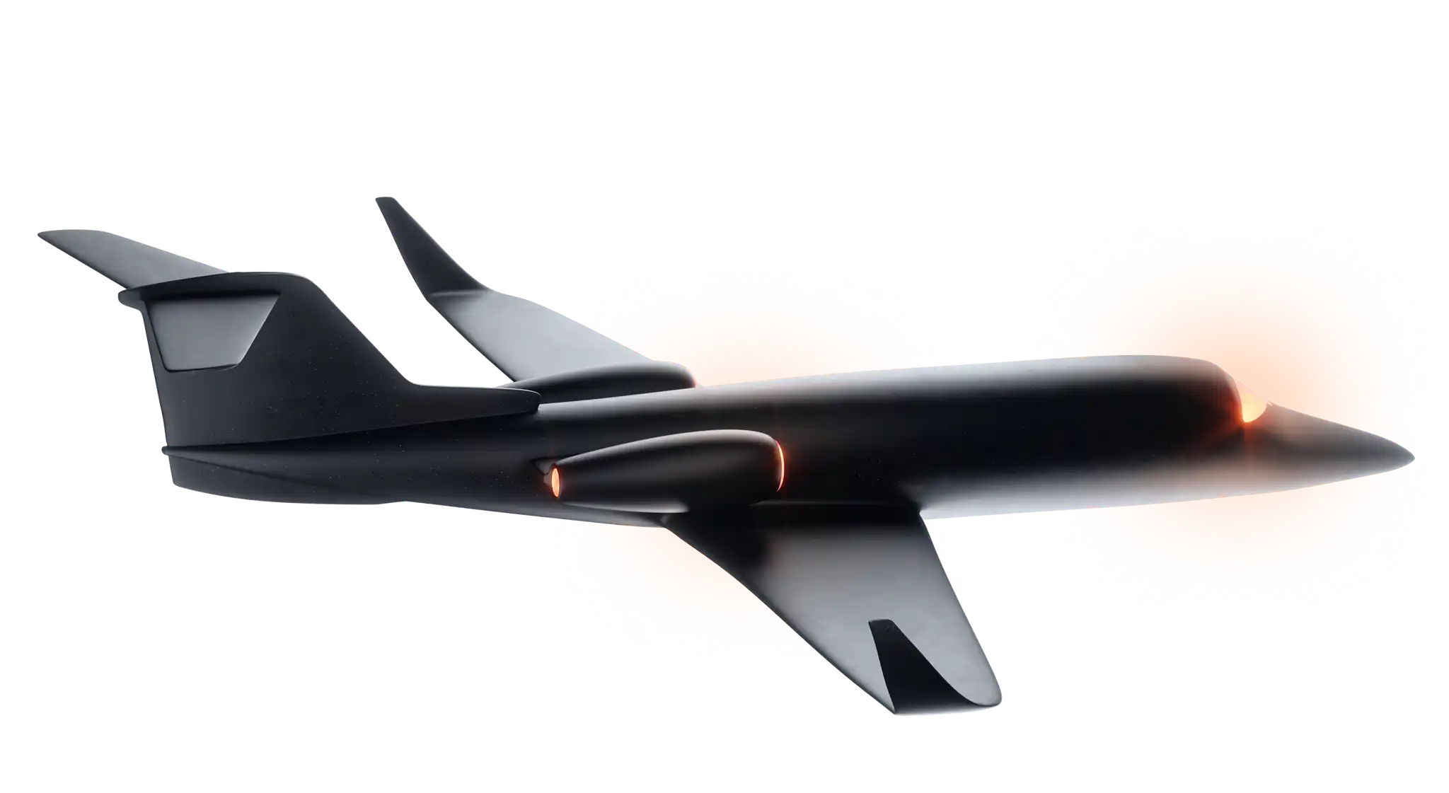 Decorative silhouette of a private jet with landing lights in the hero background