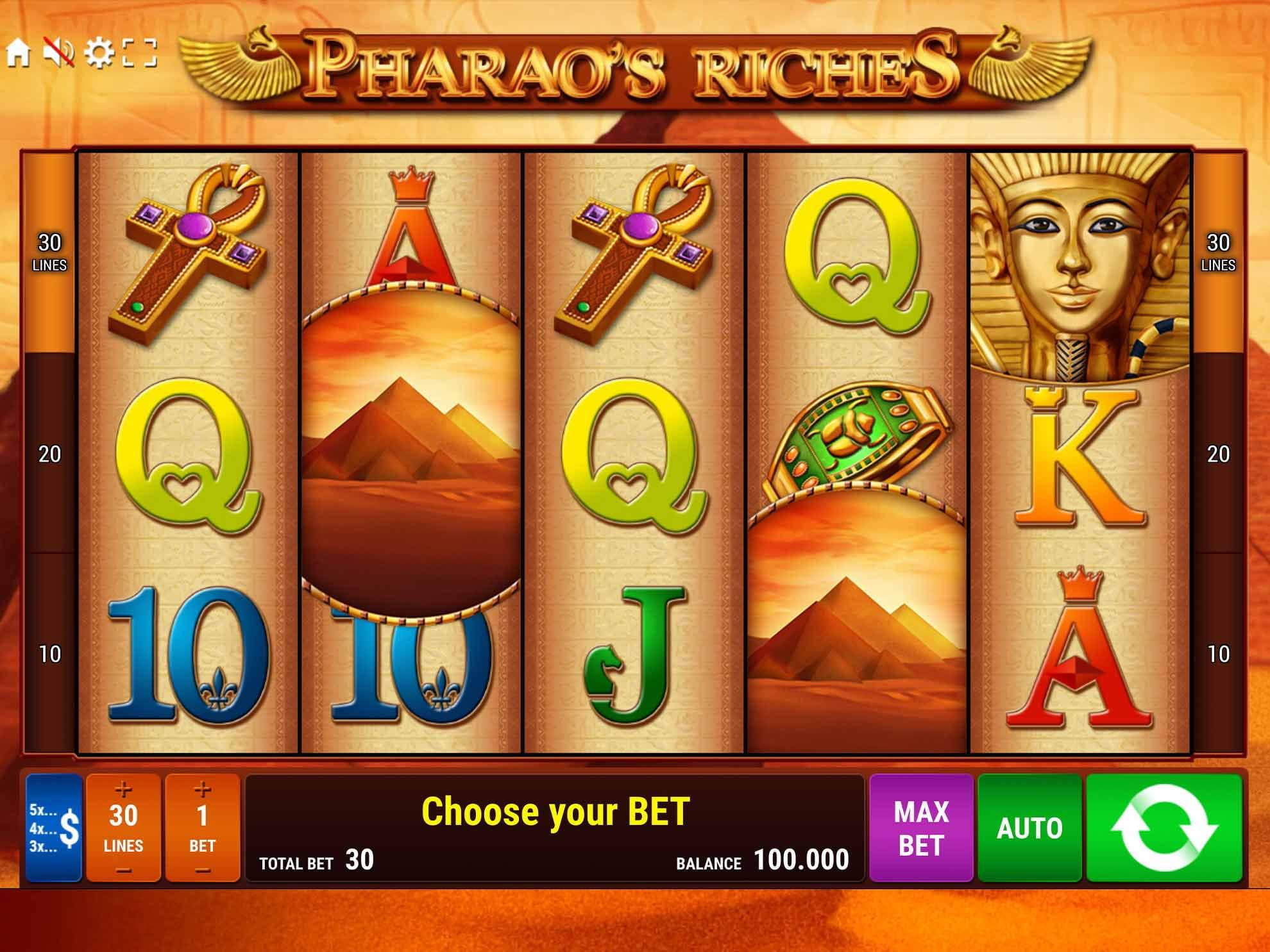 Pharao's Riches — grille 5 × 3 et sélection de 10, 20 ou 30 lignes