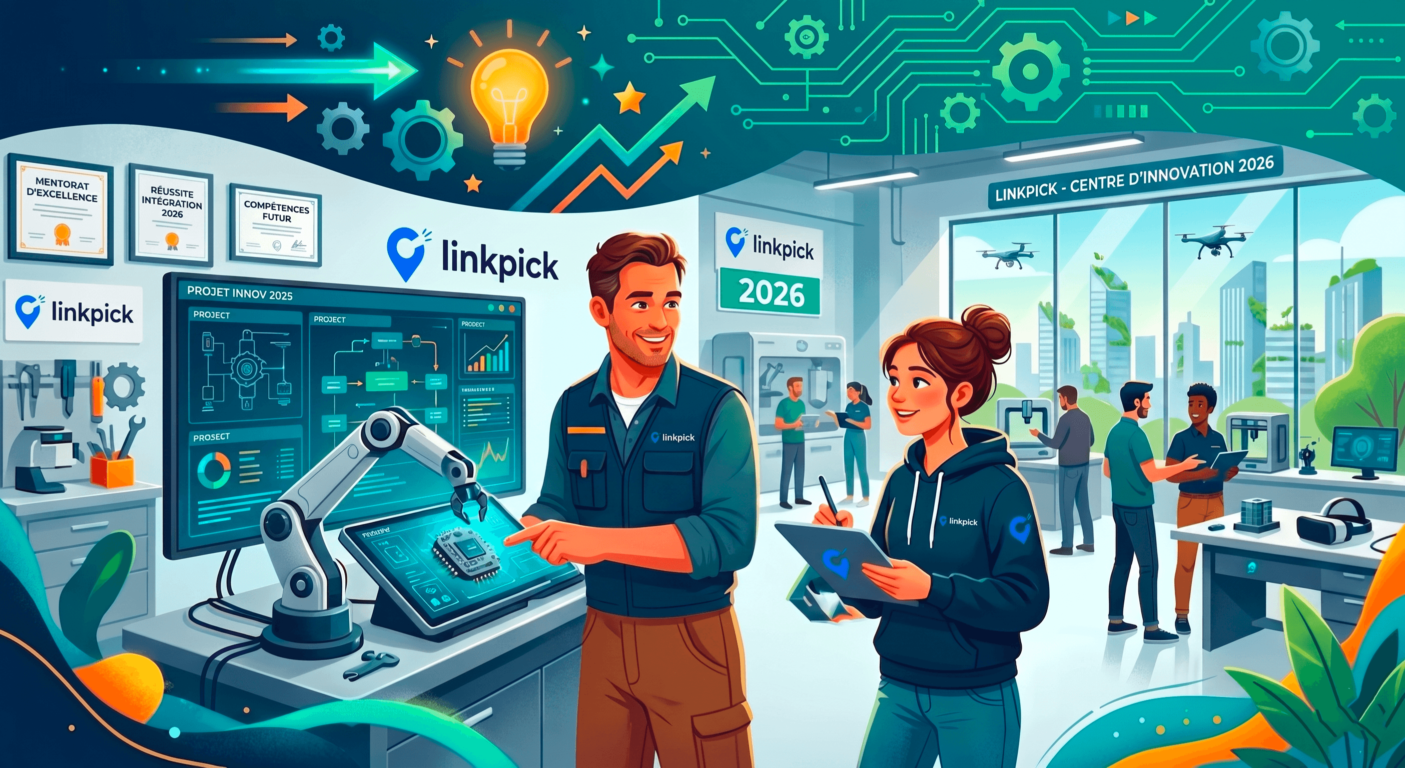 Illustration moderne d'un maître d'apprentissage et d'une apprentie dans un centre d'innovation en 2026, collaborant sur un bras robotique et des technologies numériques pour une intégration réussie.