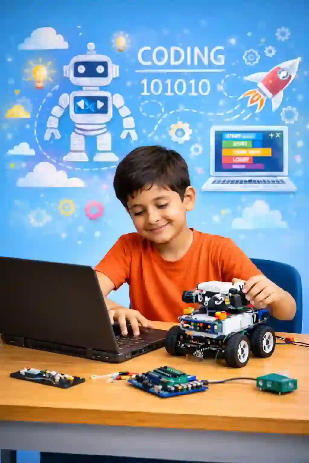 Kid attending online robotics and AI coding class while building a robot project
