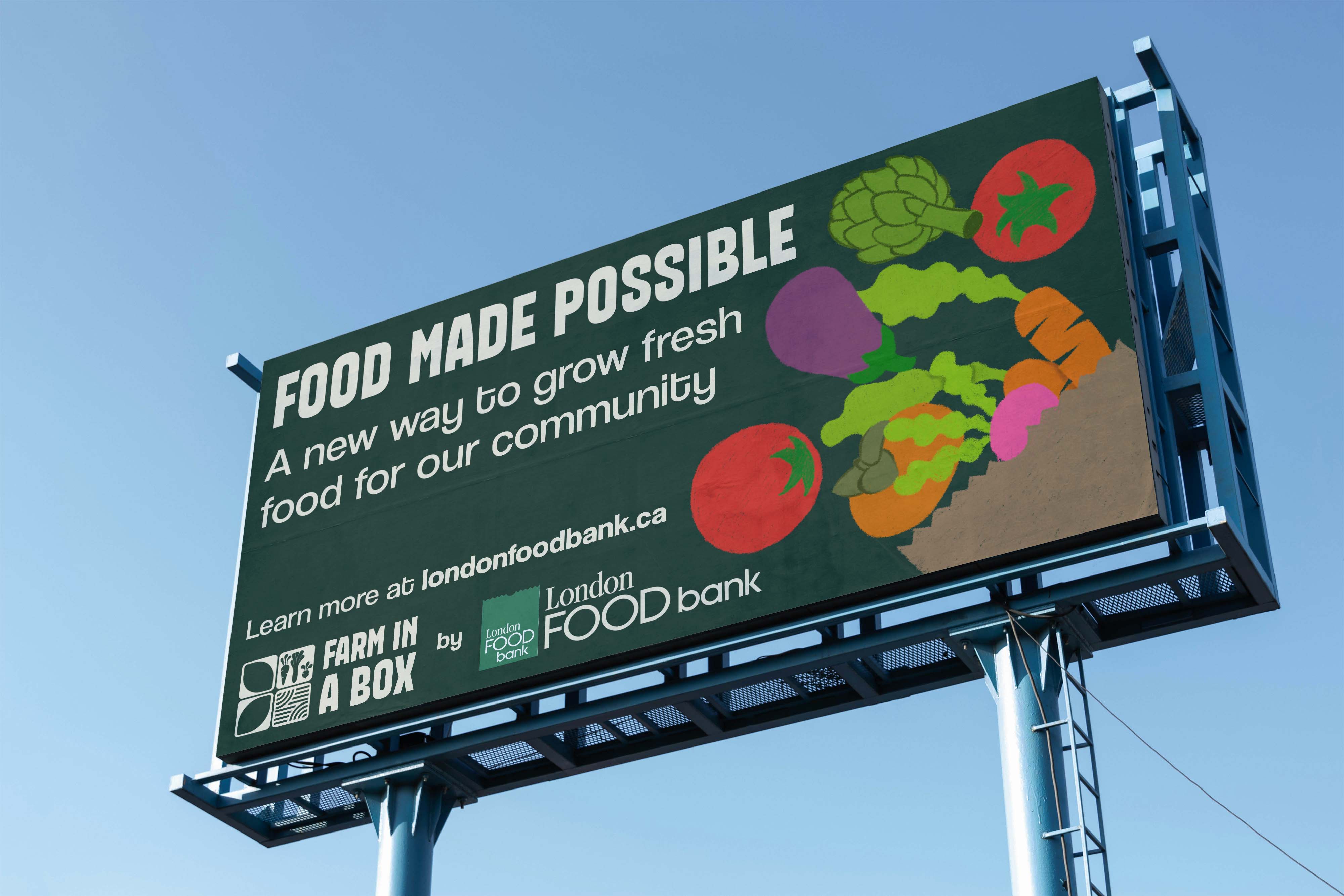 Mockup of the main billboard design concept on a life-size billboard. Shows detail and texture to make it look realistic.