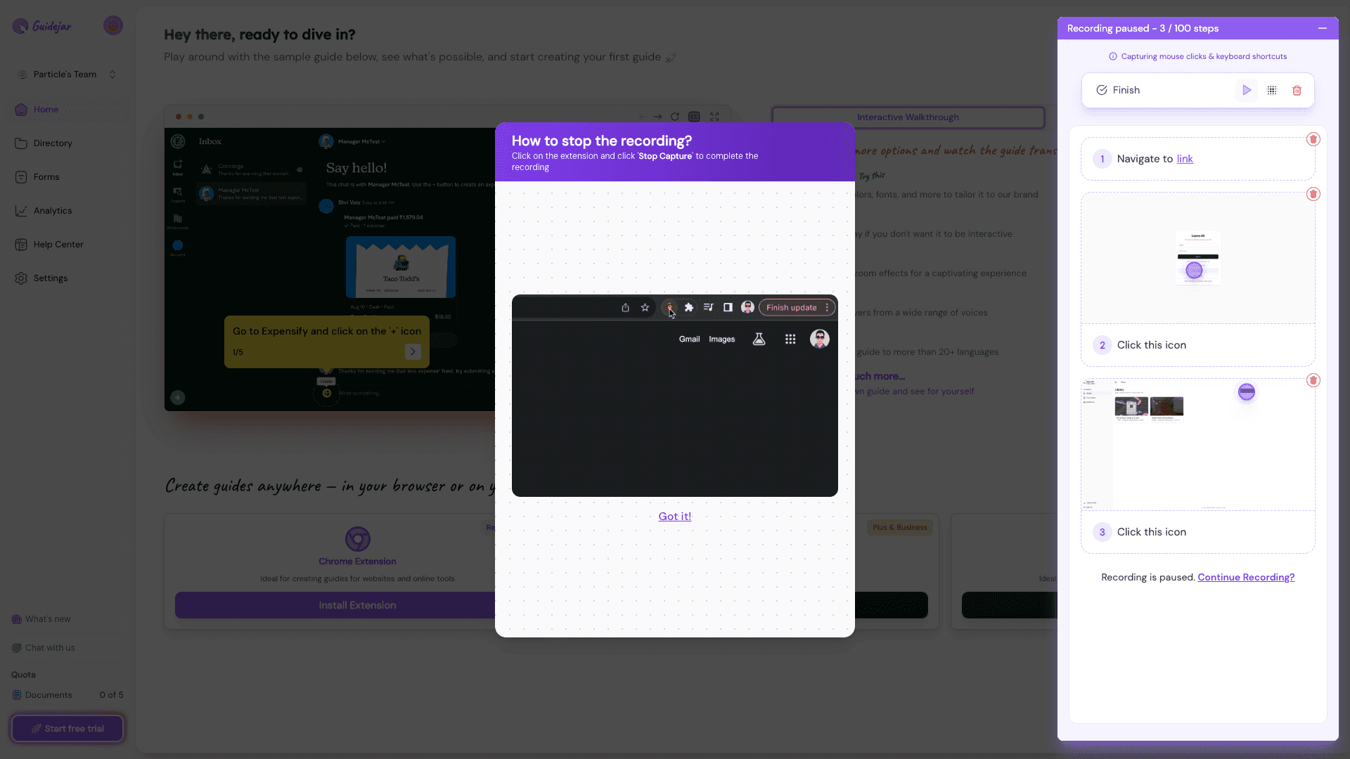 Guidejar Chrome extension recording panel capturing click-based steps