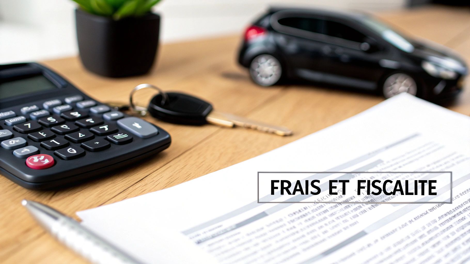 Calculatrice, clés de voiture, voiture miniature et document sur les frais et la fiscalité automobile sur une table en bois.