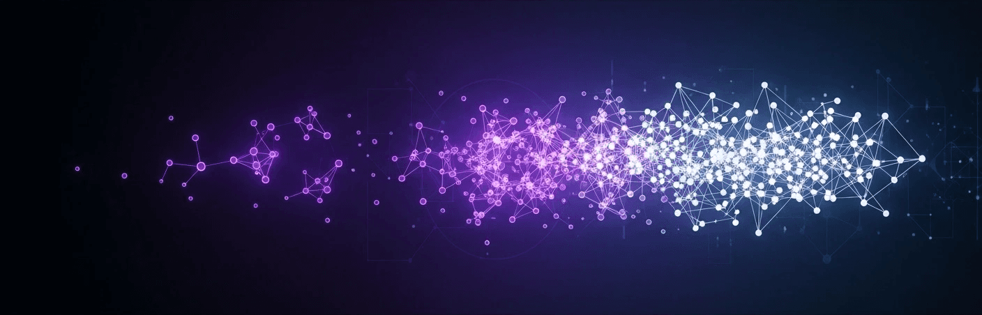 Particle-based data flow illustrating monitoring, reporting, forecasting, and governance in an enterprise AI search visibility platform