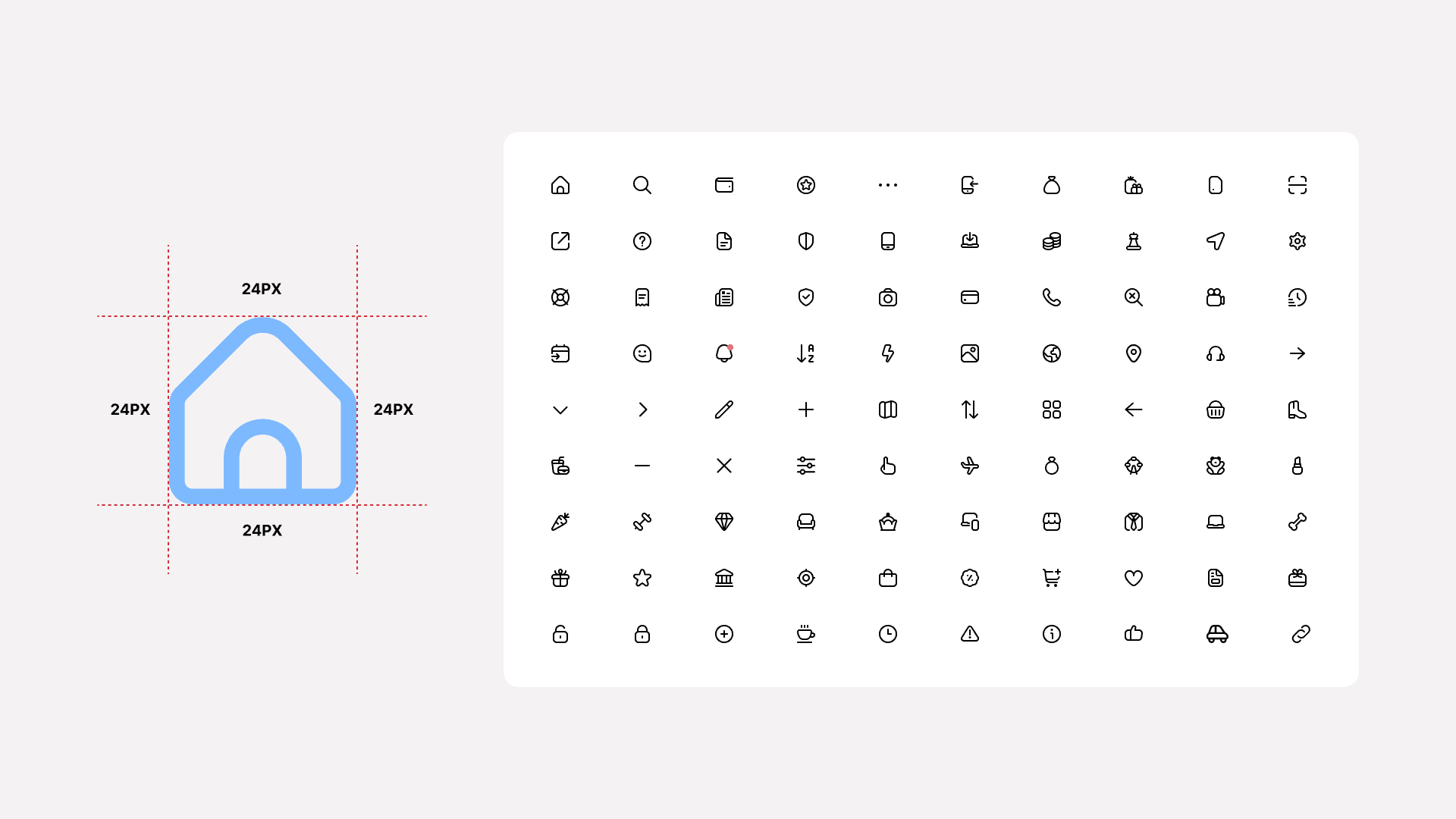 Icon guidelines showing a 24px grid and consistent padding, next to a full icon set.