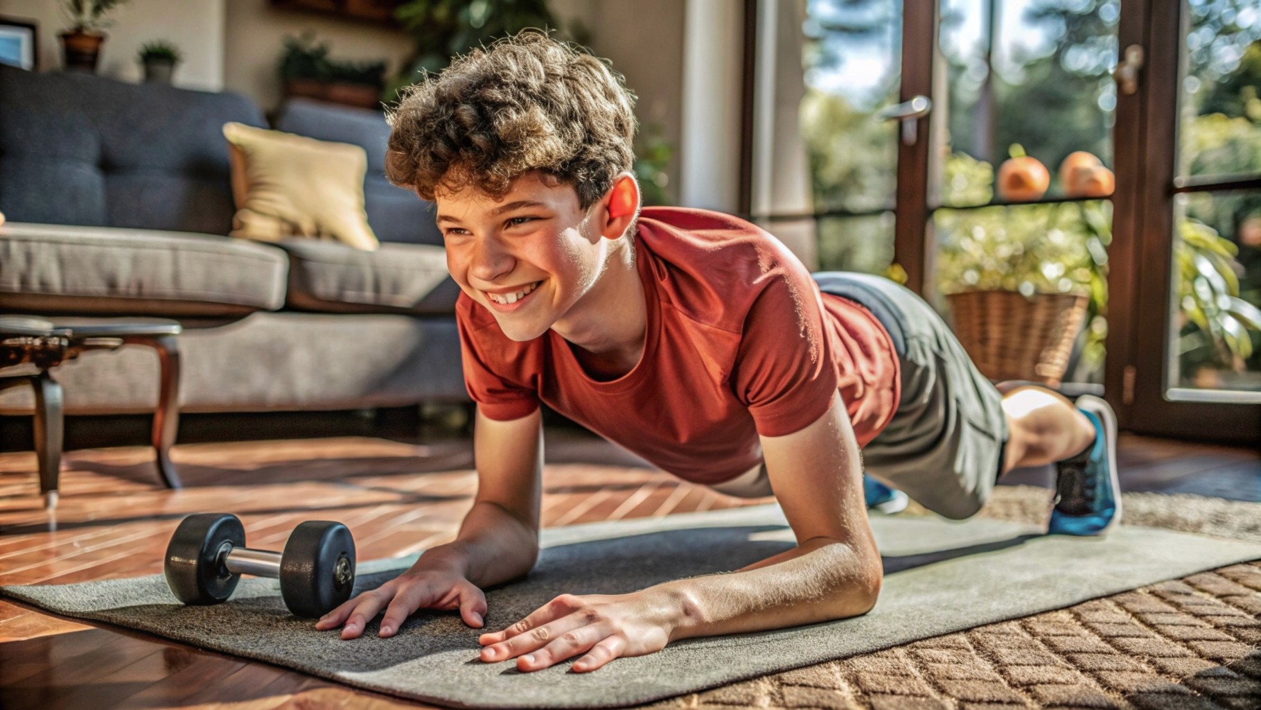 happy 15-year-old boy starts to do fitness