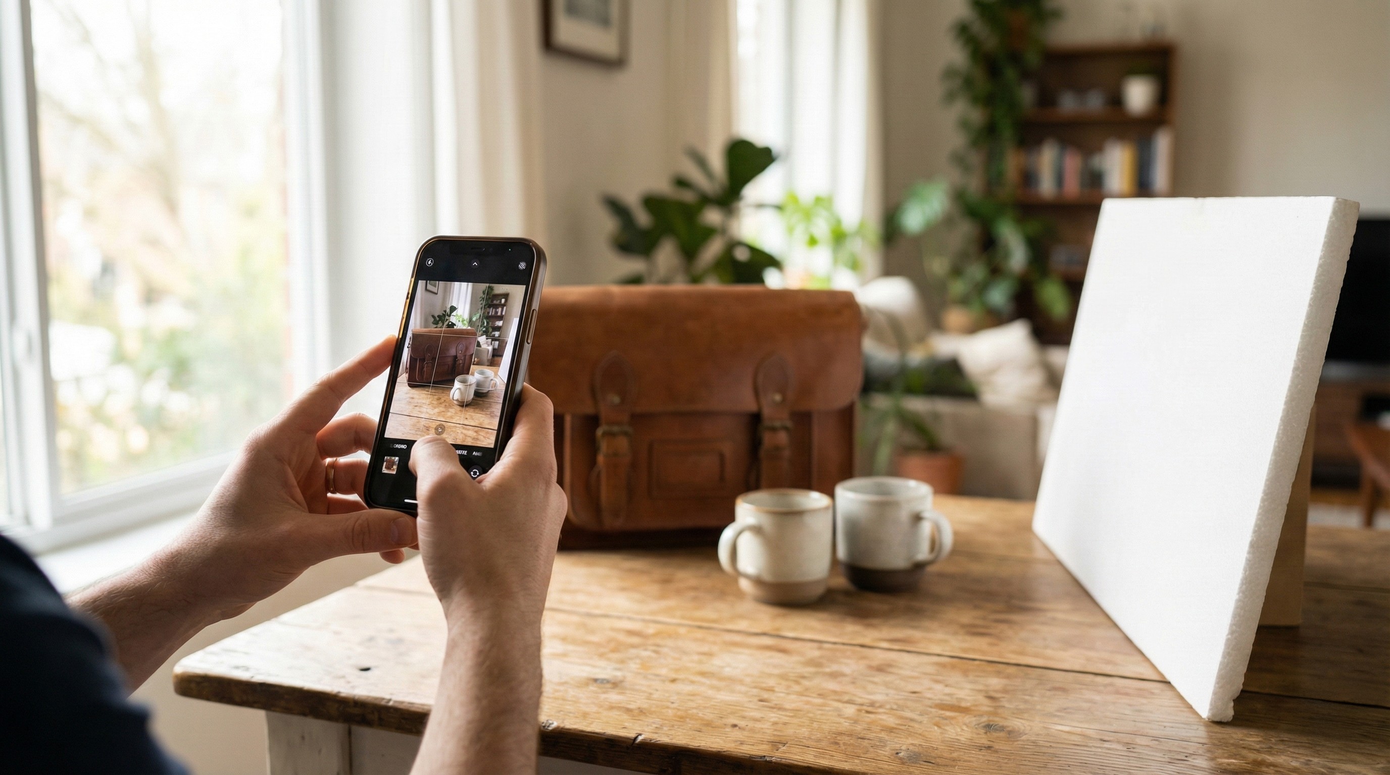 Person using a smartphone to take product photos of sneakers on a wooden table with natural window light.