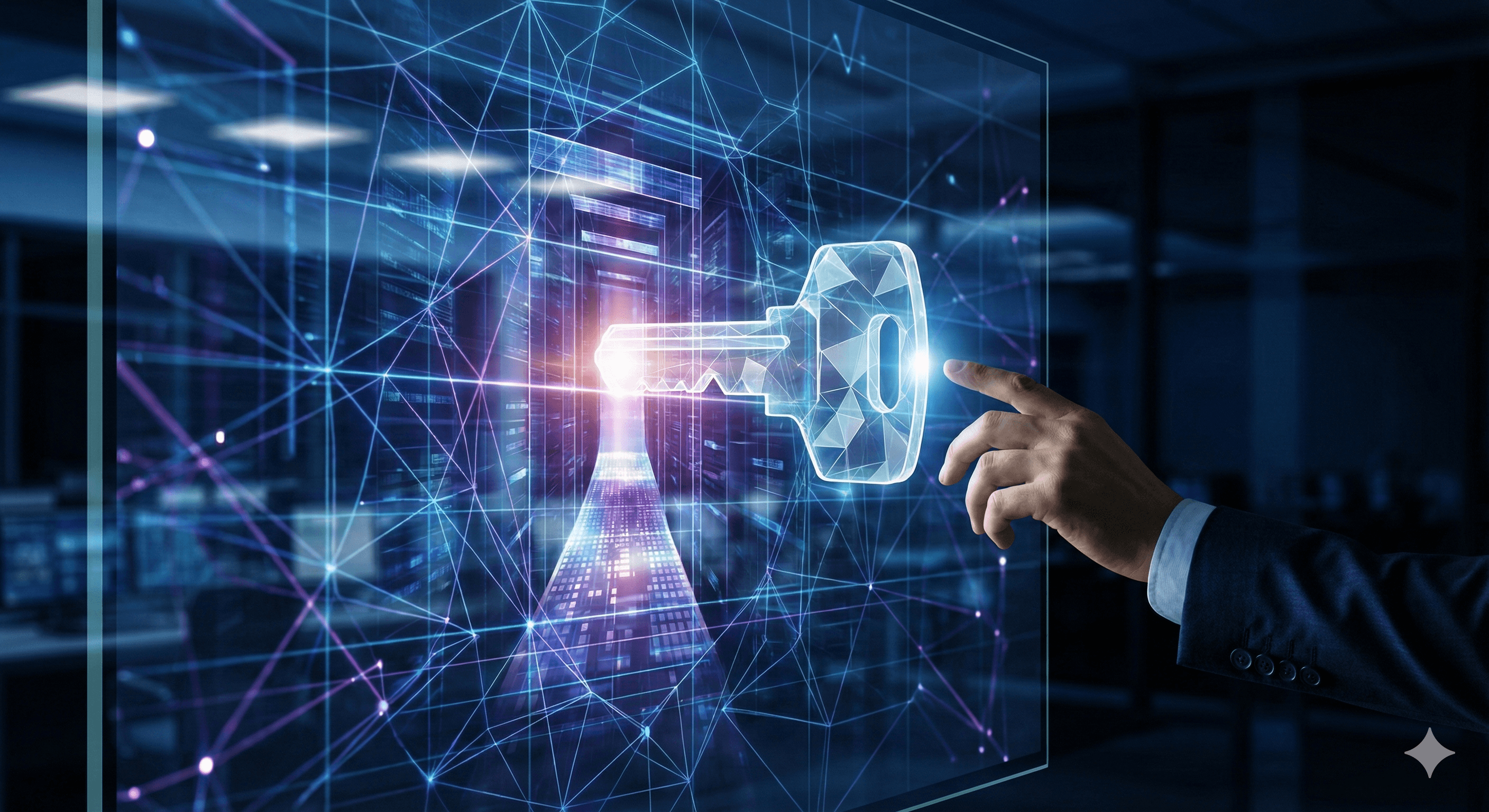 A person in a business suit interacts with a digital touchscreen displaying a futuristic holographic key, set against a backdrop of interconnected technology and networking lines, illustrating concepts of secure access and Asana Work Access Mode (WAM).