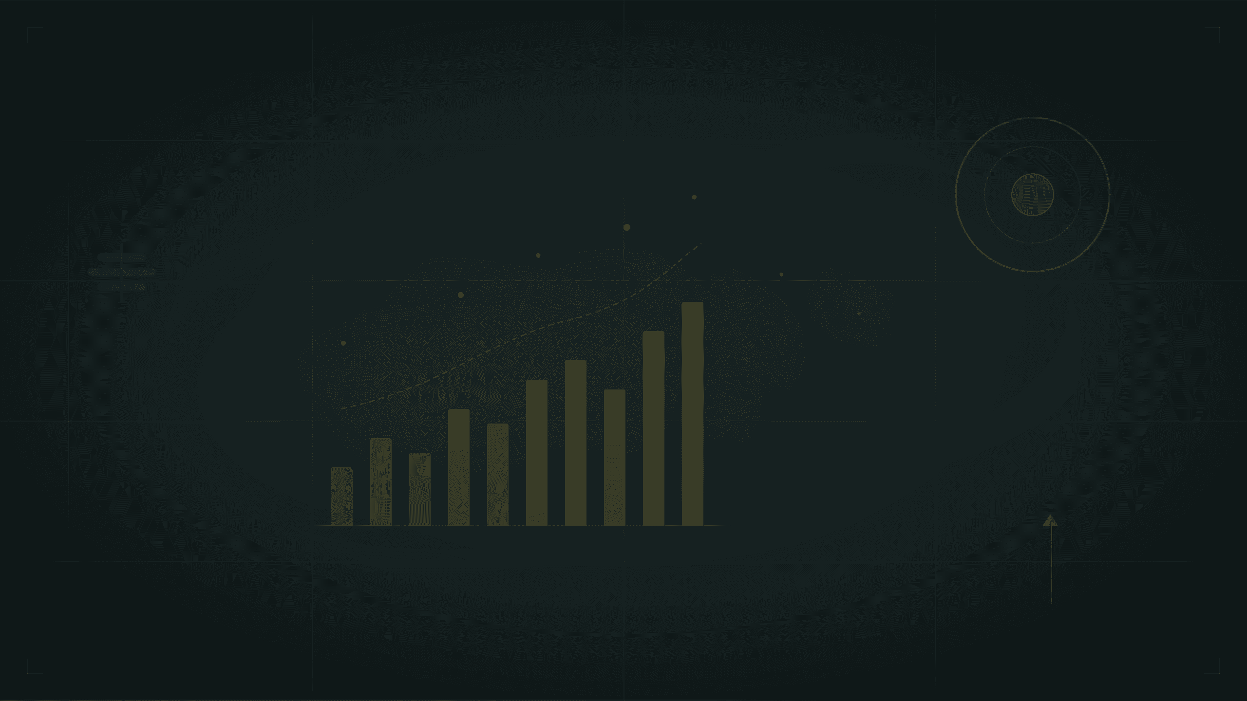 Abstract data visualization on a dark teal-black background with gold-toned ascending bar chart, scattered warm data points, a dashed teal trend line curving upward, concentric gold target circles, and subtle teal grid lines evoking ROI measurement and financial analytics.